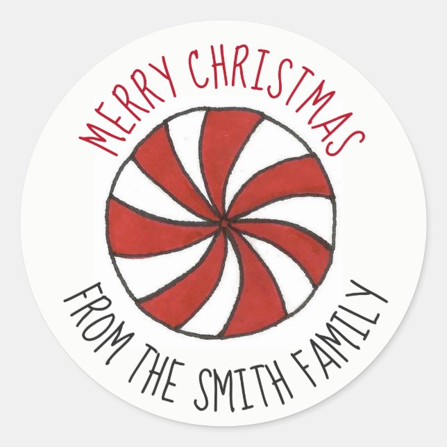 Sticker Rond Bonbon de menthe de Noël Joyeux personnalisé (Devant)