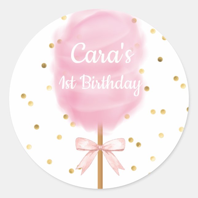 Sticker Rond Bonbons Coton Bonbons Rose Anniversaire Fête Invit (Devant)