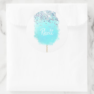 Sticker Rond Bonbons de coton mignon bleu et argent parties sci