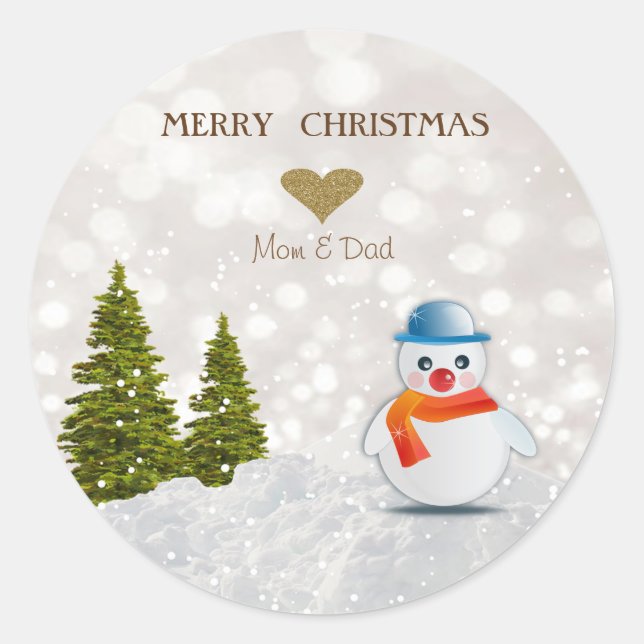 Sticker Rond Bonhomme de neige adorable,Arbre de Noël,Neige (Devant)