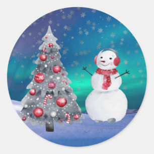 Sticker Rond Bonhomme de neige arbre rouge aurore boréale aquar