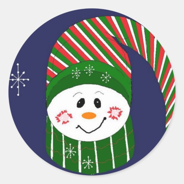 Sticker Rond Bonhomme de neige avec un long chapeau rayé (Devant)