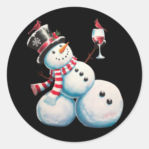 Sticker Rond Bonhomme de neige avec vin Noël Cadeau de Noël drô