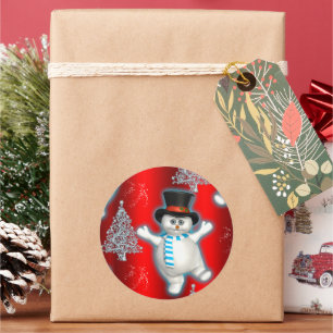 Sticker Rond Bonhomme de neige dansant sur fond rouge de Noël