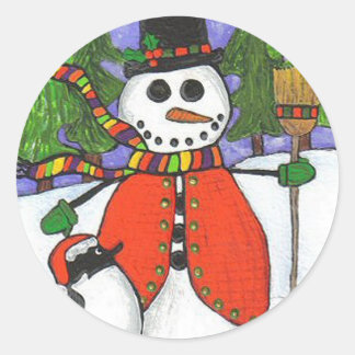 Sticker Rond Bonhomme de neige de Noël et pingouin -