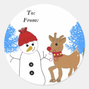 Sticker Rond Bonhomme de neige et renne