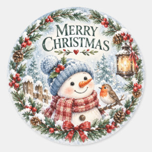 Sticker Rond Bonhomme de neige fantaisiste Robin Forêt Joyeux N