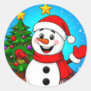 Sticker Rond Bonhomme de neige joyeux avec chapeau et écharpe d