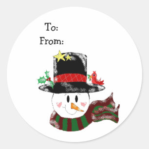 Sticker Rond Bonhomme de neige joyeux dans un grand chapeau noi