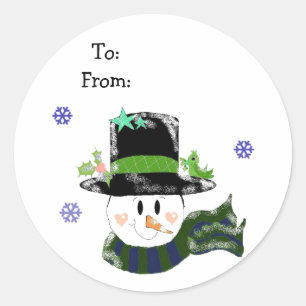 Sticker Rond Bonhomme de neige joyeux dans un grand chapeau noi