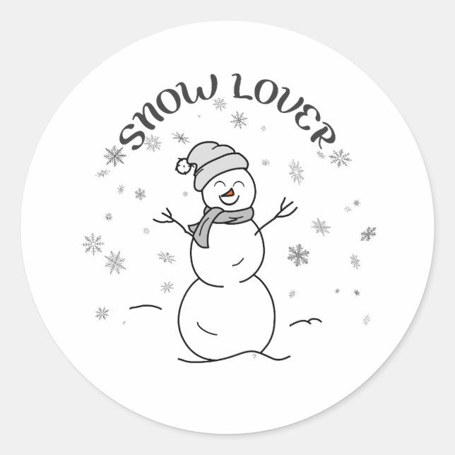 Sticker Rond Bonhomme de neige mignon avec texte SNOW LOVER et  (Devant)