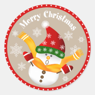 Sticker Rond Bonhomme de neige mignon sautant dans les