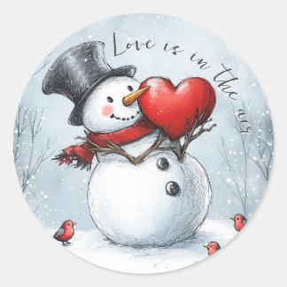 Sticker Rond Bonhomme de neige offre de l'amour avec un grand c