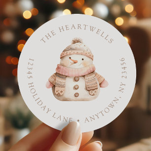 Sticker Rond Bonhomme de neige rose aquarelle adresse de retour
