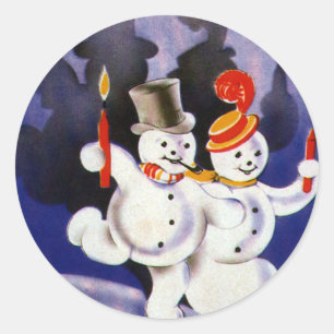 Sticker Rond Bonhommes de neige dansants de Noël vintage avec d