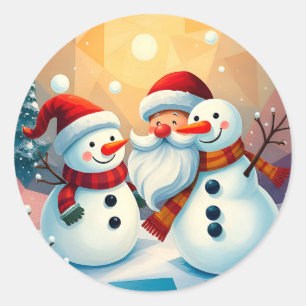 Sticker Rond Bonhommes de neige festifs et Santa s'amusant