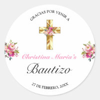 Bonito Rosa Floral Oro Cruz Bautismo Gracias