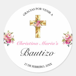 Sticker Rond Bonito Rosa Floral Oro Cruz Bautismo Gracias