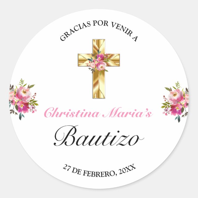 Sticker Rond Bonito Rosa Floral Oro Cruz Bautismo Gracias (Devant)