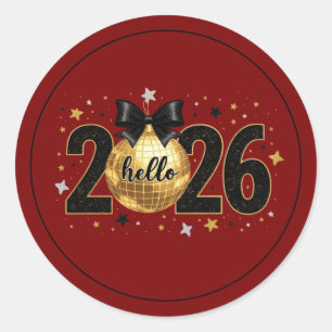Sticker Rond Bonjour 2026 Conception Paillettes Rouge Étincelan