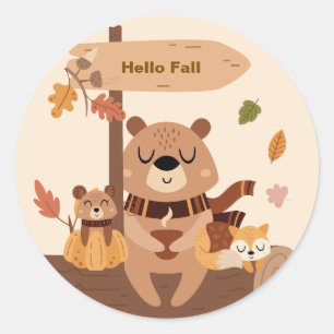 Sticker Rond Bonjour Automne – Animaux de la Forêt Automne 