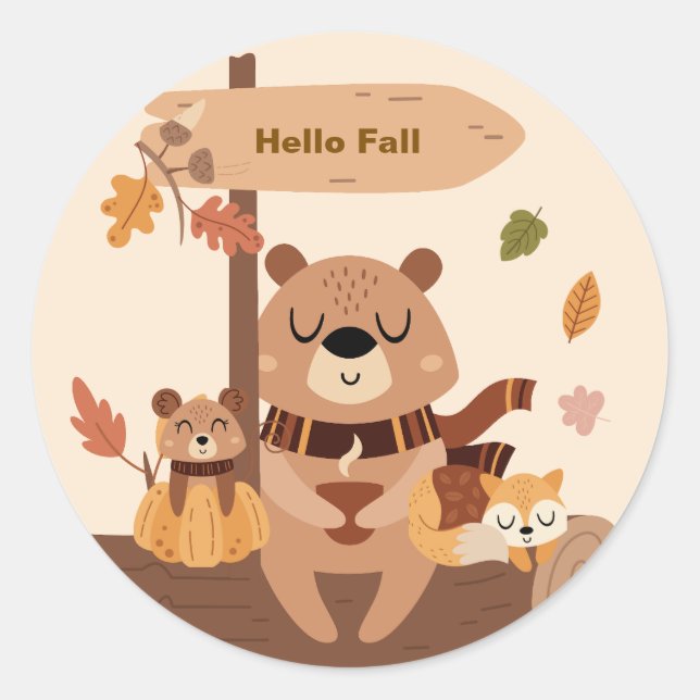 Sticker Rond Bonjour Automne – Animaux de la Forêt Automne  (Devant)