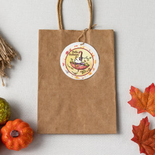 Sticker Rond Bonjour Automne, Chat mignon assis dans un paraplu