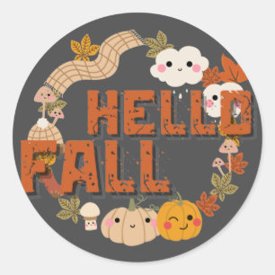 Sticker Rond Bonjour Automne Mignonne Nature Automne feuilles C