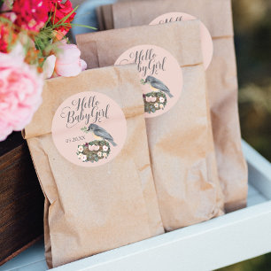 Sticker Rond Bonjour Baby Girl Floral Bird's Nest Baby shower