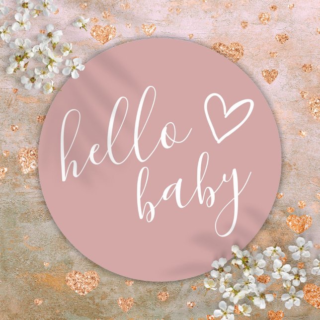 Sticker Rond Bonjour Baby shower fille Dusty Rose mignon coeur (Hello Baby Shower Girl Dusty Rose Cute Heart Classic Round Sticker)