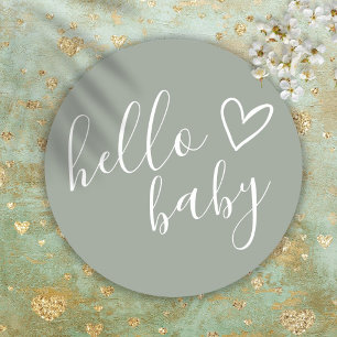 Sticker Rond Bonjour Baby Shower Genre Neutre Boho Vert Sauge