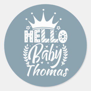 Sticker Rond Bonjour bébé avec le nom de bébé de la Couronne Bl