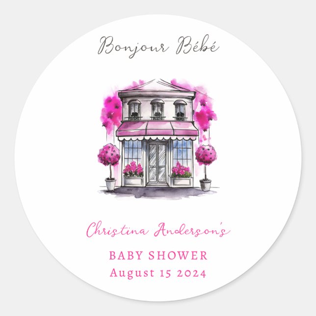 Sticker Rond Bonjour Bebe Paris French Pink Black Baby shower (Devant)