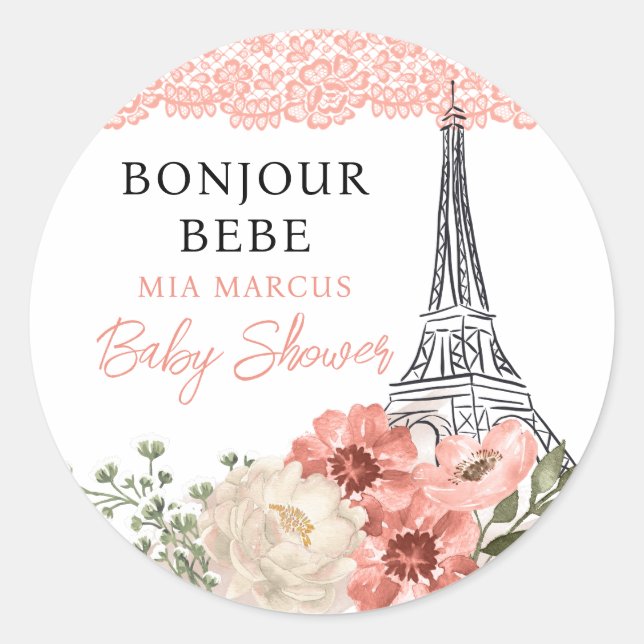 Sticker Rond Bonjour Bebe Tour Eiffel Baby shower Paris (Devant)