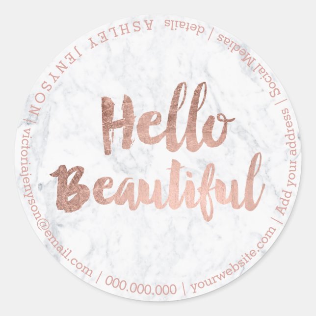 Sticker Rond Bonjour belle rose typographie or marbre (Devant)