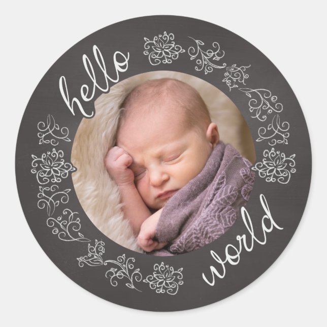 Sticker Rond Bonjour Chalkboard Baby's First Personalized Photo (Devant)