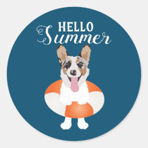 Sticker Rond Bonjour Chiens de plage de Corgi été
