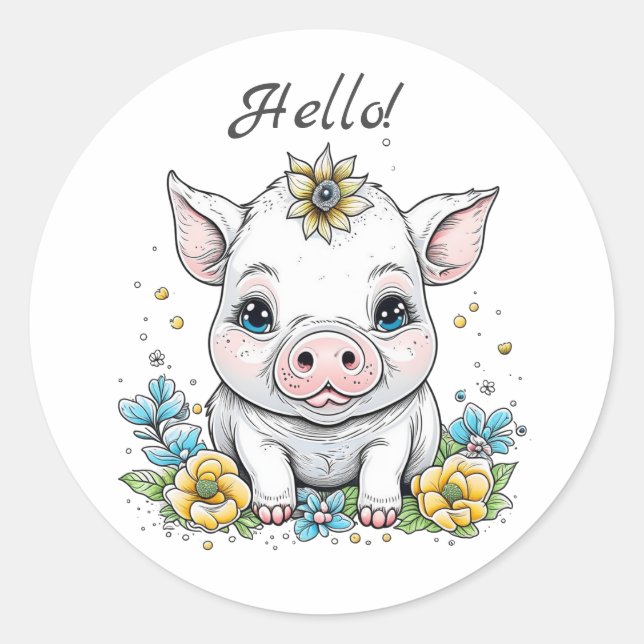 Sticker Rond Bonjour ! Cochon mignon avec Fleur sur sa tête (Devant)