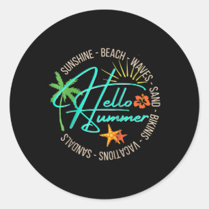 Sticker Rond Bonjour été Tropical Beach Vacation Palm Tree Tee