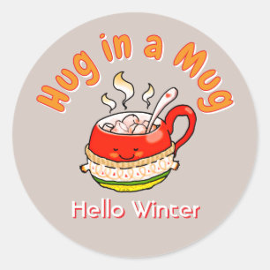 Sticker Rond Bonjour Illustration Cozy Kawaii de Calin dans une