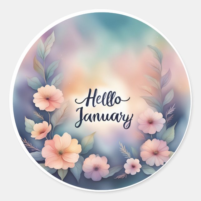 Sticker Rond Bonjour Janvier Fleurs Roses (Devant)