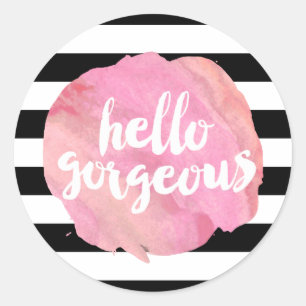 Sticker Rond Bonjour Magnifique Bande Noire & Aquarelle Rose