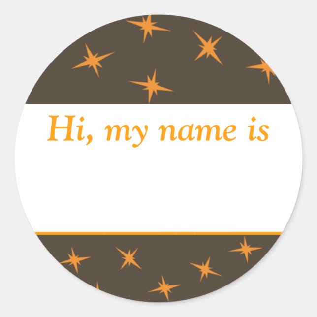 Sticker Rond "Bonjour, mon nom est ___" - Orange Stars On Brown (Devant)