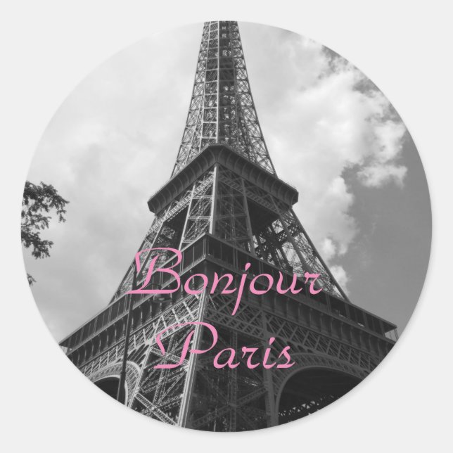 Sticker Rond Bonjour Paris Black White Eiffel Tower France (Devant)