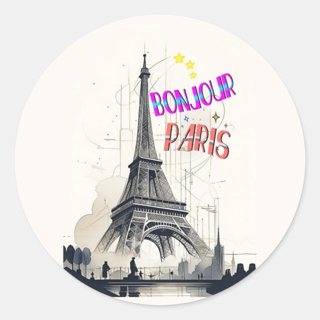 Sticker Rond Bonjour Paris coloré (Devant)