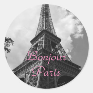 Sticker Rond Bonjour Paris Noir Blanc Tour Eiffel France