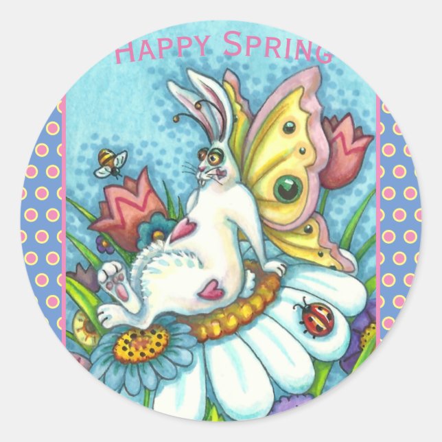 STICKER ROND BONJOUR PRINTEMPS FLUTTERBUN RABBIT, FUNNY BUNNY F (Devant)