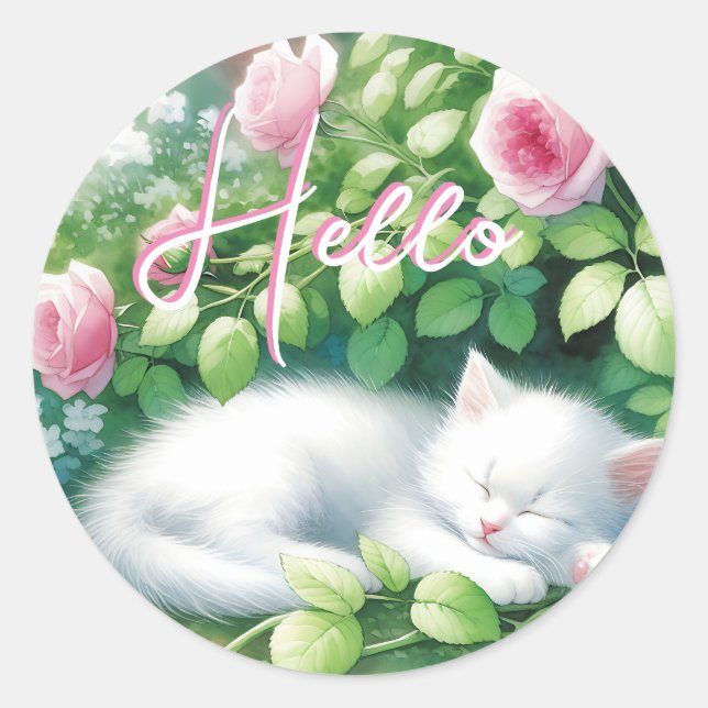 Sticker Rond Bonjour  | Sweet White Kitten Napping (Devant)