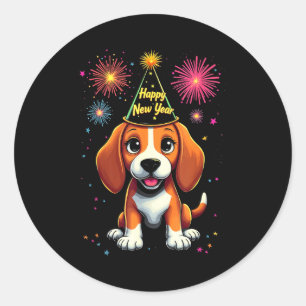 Sticker Rond Bonne année 2025 Eve Feu d'artifice Chien Drôle Be