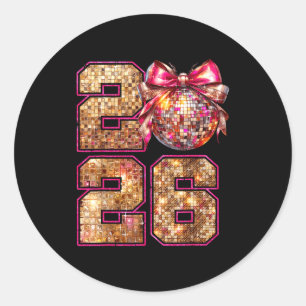 Sticker Rond Bonne année 2026 Boule disco Nk Coquette Bow Fam